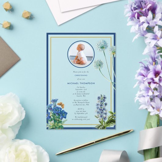 ブルーボタニカル金ゴールドバプテスマ《キリスト教》洗礼式や命名式ボーイフォト アクリル招待状 (インサイチュ (ウェディング))