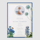 ブルーボタニカル金ゴールドバプテスマ《キリスト教》洗礼式や命名式ボーイフォト ベラム紙招待状 (正面)