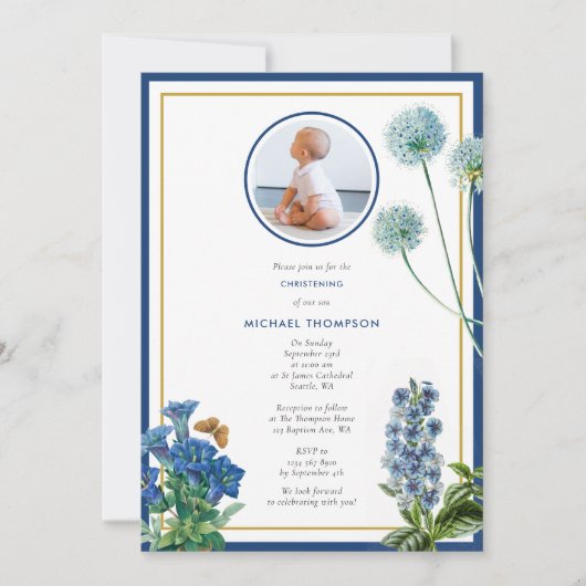ブルーボタニカル金ゴールドバプテスマ《キリスト教》洗礼式や命名式ボーイフォト 招待状 (正面)