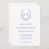 ブルーボタニカル＆リボンクラストモノグラム結婚式 招待状 (正面/裏面)