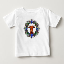 ブルーボネットに囲まれたロングホーン牛 ベビーTシャツ