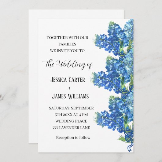 ブルーボネットテキサス州ウォーター色結婚フローラ 招待状 (正面/裏面)
