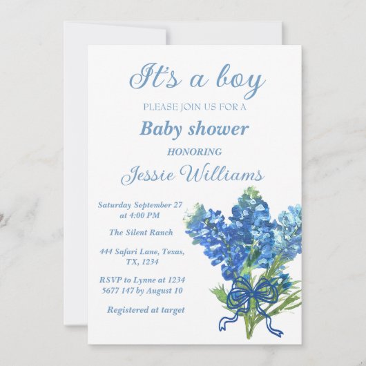 ブルーボネットテキサス州フローラ素朴男の赤ちゃんシャワー 招待状 (正面)