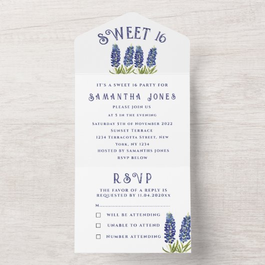 ブルーボネットテキサス州ワイルドフラワーズスウィート16 Sixen オールインワン招待状 (内側)