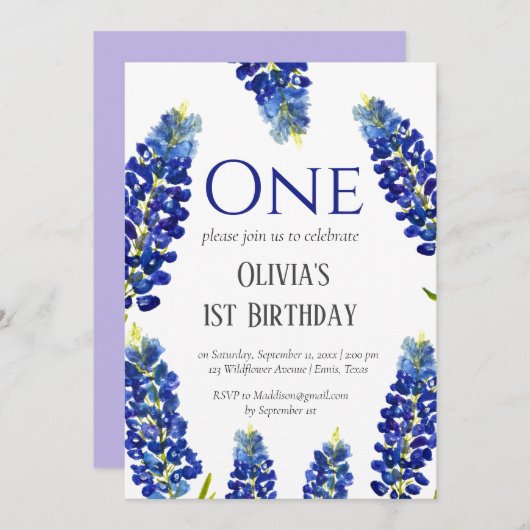 ブルーボネットファースト誕生日ブルーフローラ誕生日 招待状 (正面/裏面)