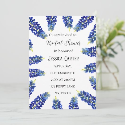 ブルーボネットフローラウォーターカラーボホブライダルシャワー 招待状 (スタンド正面)