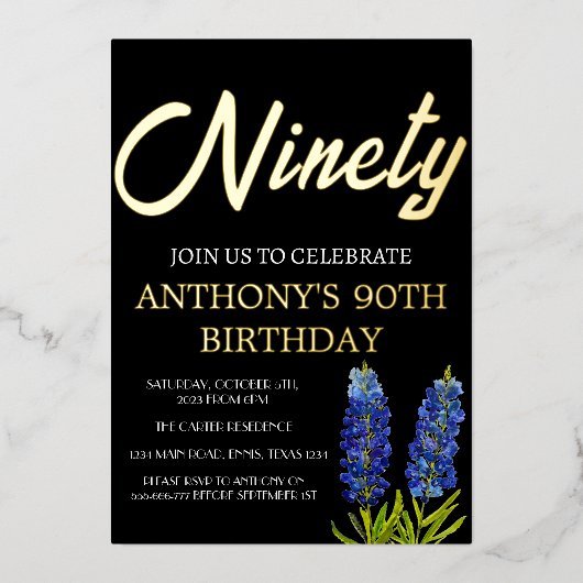 ブルーボネットフローラ90th誕生日ブラック金ゴールドテキサス州 箔招待状 (正面)