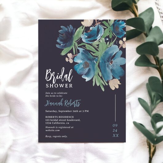 ブルーボヘミアフローラ水彩ブライダルシャワー 招待状