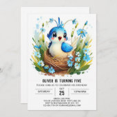 ブルーボヘミアンお洒落バード誕生日 招待状 (正面/裏面)