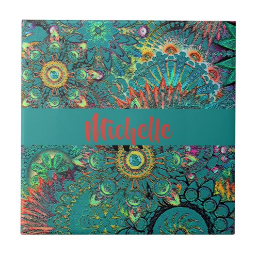 ブルーボヘミナンカラフルボホヒッピーパターンレトロ タイル (正面)