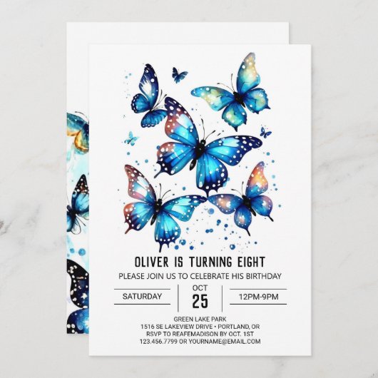 ブルーボホバタフライボーイ誕生日 招待状 (正面/裏面)