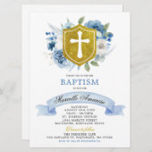 ブルーボホフローラと金ゴールドクレストバプテスマ招待状 招待状 (正面/裏面)