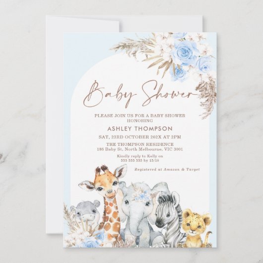 ブルーボホフローラアーチサファリアニマルベビーシャワー 招待状 (正面)
