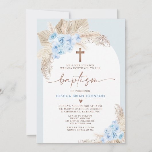 ブルーボホフローラアーチボーイズバプテスマ招待状 招待状 (正面)