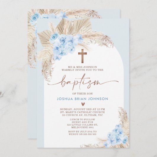 ブルーボホフローラアーチボーイズバプテスマ招待状 招待状 (正面/裏面)