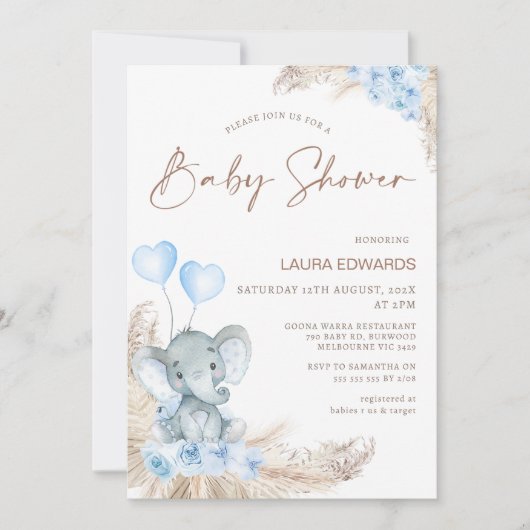 ブルーボホフローラボーイズ象ベビーシャワー 招待状 (正面)
