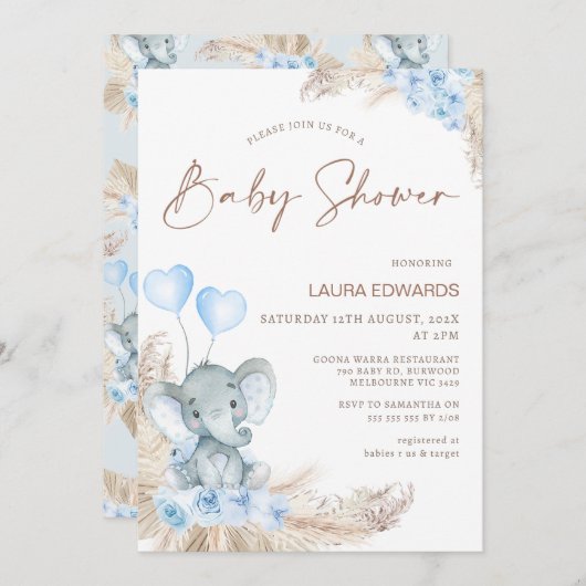 ブルーボホフローラボーイズ象ベビーシャワー 招待状 (正面/裏面)