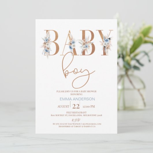 ブルーボホフローラワード男の赤ちゃんベビーシャワー 招待状 (スタンド正面)