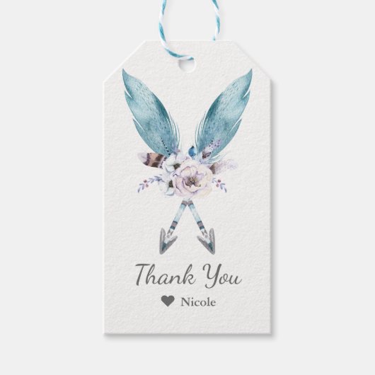 ブルーボホボヘミアンアローズ羽根フローラパーティー ギフトタグ (正面)