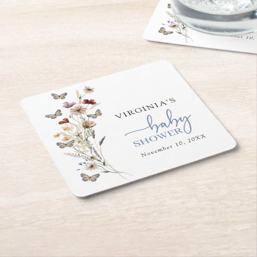ブルーボホワイルドフラワーベビーシャワーコースター スクエアペーパーコースター (アングル)