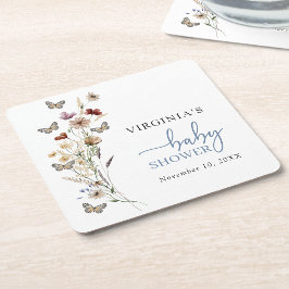 ブルーボホワイルドフラワーベビーシャワーコースター スクエアペーパーコースター