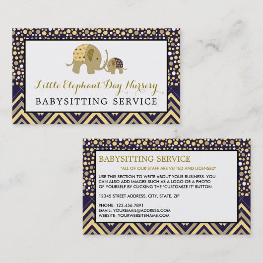 ブルーボホーエレファント、ベビーシッター、デイケア、子供部屋 名刺 (正面/裏面)
