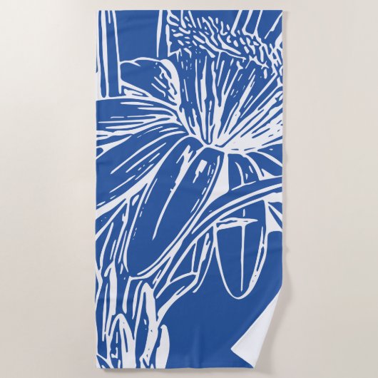 ブルーボモダンタニカルフローララインスケッチアートワーク ビーチタオル (正面)