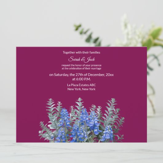 ブルーボンネットとブルゴーニュ冬の結婚式招待状 招待状 (スタンド正面)