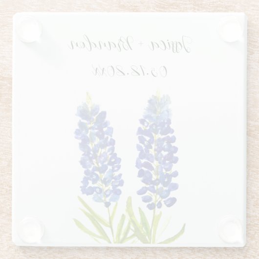 ブルーボンネットの水彩画 青い花 花のウェディング ガラスコースター (裏面)