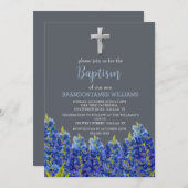 ブルーボンネットの花のほこりブルークロス洗礼 招待状 (正面/裏面)