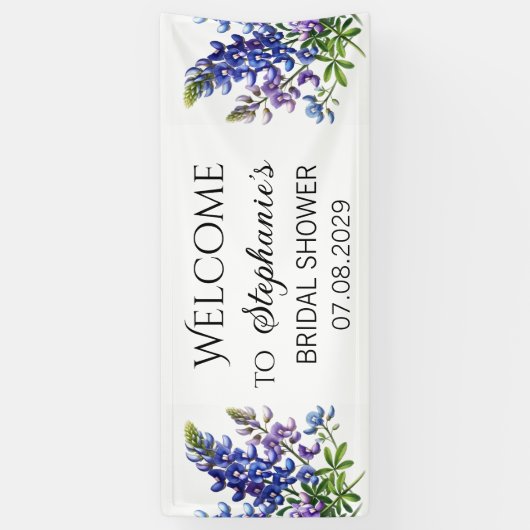 ブルーボンネットの青い花を添えたカントリー調のウェディングシャワーの装飾 横断幕 (縦)