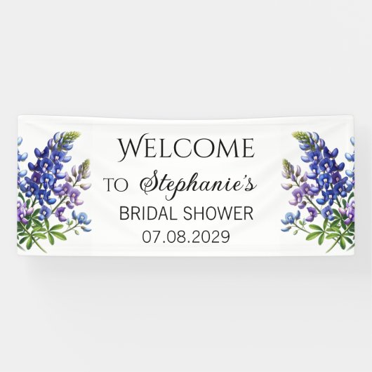 ブルーボンネットの青い花を添えたカントリー調のウェディングシャワー 横断幕 (横)