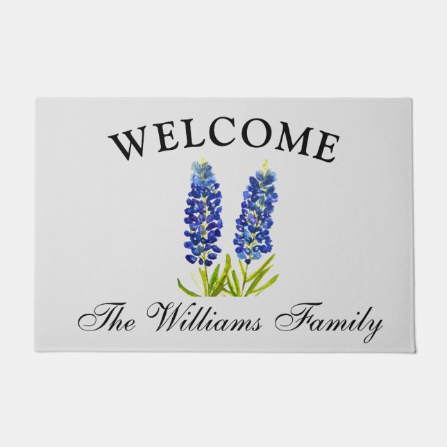 ブルーボンネットフラワーズウォーターエレガントカラーフローラ ドアマット (正面)