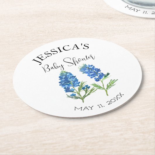 ブルーボンネットフラワーズテキサス州ベビーシャワーガール ラウンドペーパーコースター (アングル)