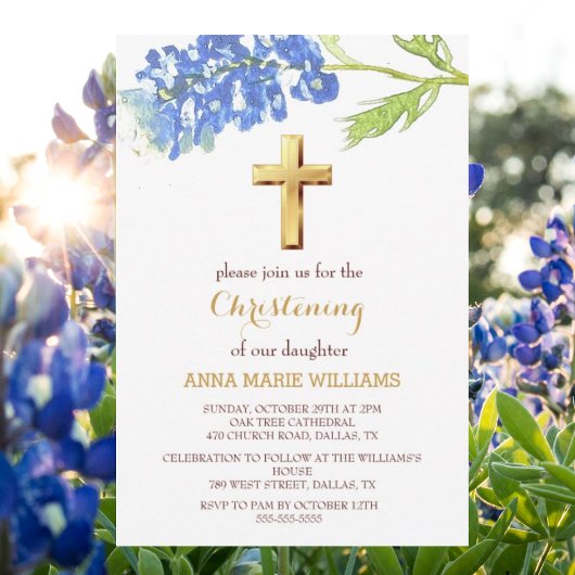 ブルーボンネットフローラ金ゴールドワイルドフラワークロスバプテスマ 招待状