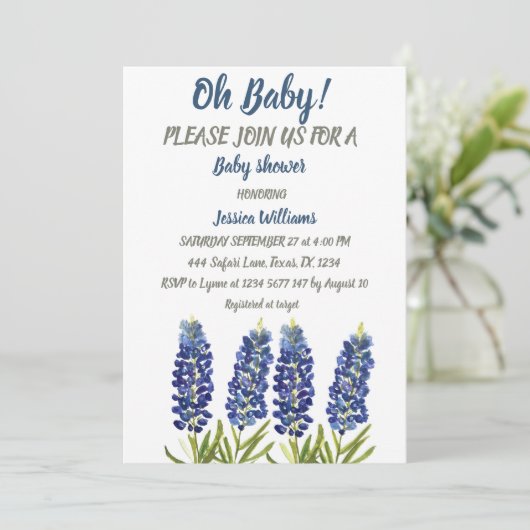 ブルーボンネットブルーフローラウォーターカラーテキサス州男の赤ちゃん 招待状 (スタンド正面)