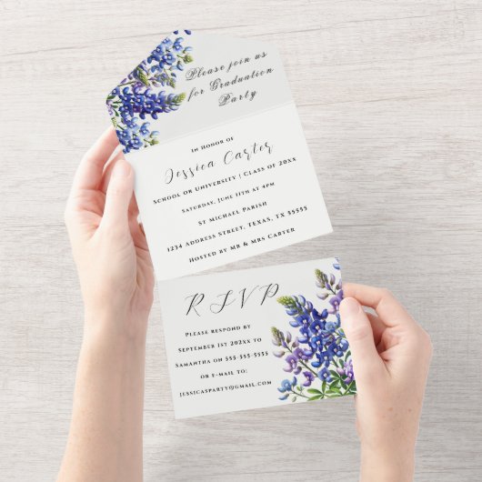 ブルーボンネットブルーワイルドフラワーフローラルパン オールインワン招待状 (貼ってはがせる)