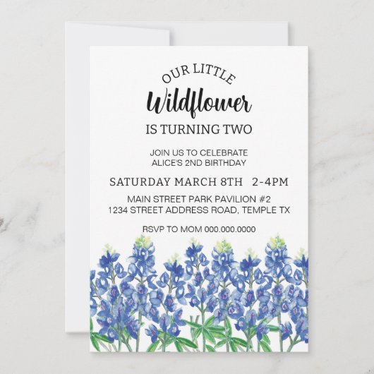 ブルーボンネット誕生日テキサス州フラワーダウンロード 招待状 (正面)