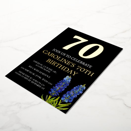 ブルーボンネット70誕生日ブルー金ゴールドシックグラム 箔招待状 (回転した状態)