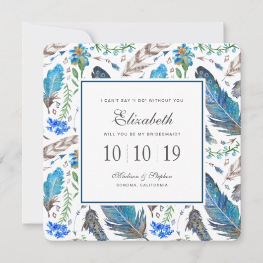 ブルーボーアステカホの水彩色 – Bridesmaid 招待状 (正面)