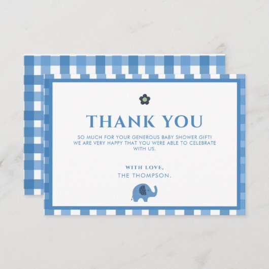 ブルーボーイかわいい象ありがとう赤ちゃんシャワー サンキューカード (正面/裏面)