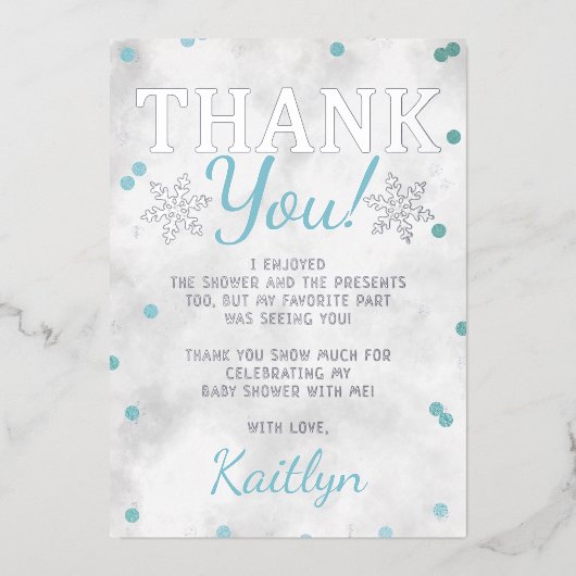 ブルーボーイの冬のクリスマスベビーシャワーありがとう 箔招待状 (正面)