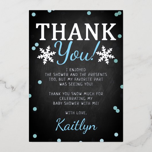 ブルーボーイの冬のクリスマスベビーシャワーありがとう 箔招待状 (正面)