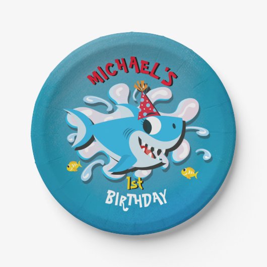ブルーボーイシャークベビー誕生日パーティー紙プレート ペーパープレート (正面)