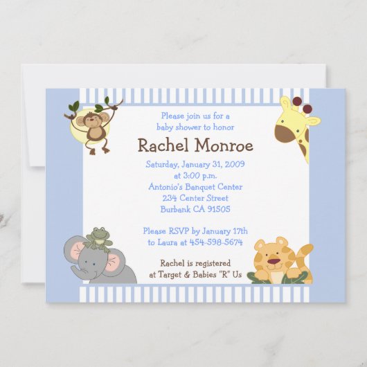 ブルーボーイジャングルサファリフレンドズ5x7ベビーシャワー 招待状 (正面)
