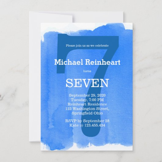 ブルーボーイズキッズバースデーパーティー水彩効果 招待状 (正面)
