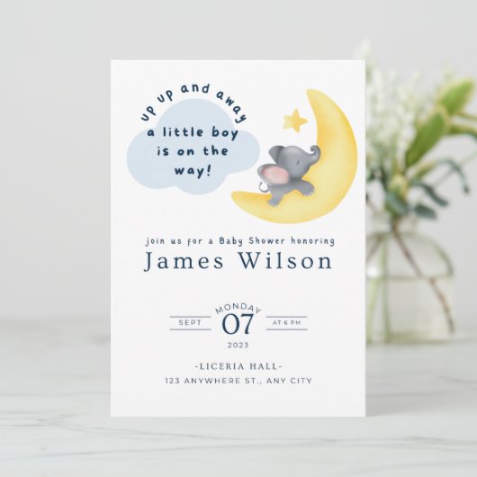 ブルーボーイズゾウ飛行機水彩赤ちゃんシャワー セーブザデート (スタンド正面)