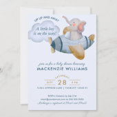 ブルーボーイズゾウ飛行機水彩赤ちゃんシャワー 招待状 (正面)