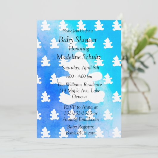 ブルーボーイズテディベアをテーマにした赤ちゃんシャワー 招待状 (スタンド正面)