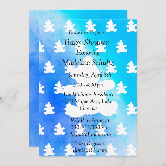 ブルーボーイズテディベアをテーマにした赤ちゃんシャワー 招待状 (正面/裏面)